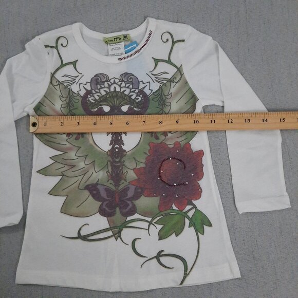 Little Mass Girls Outfit 4 White Graphic Top & Blue Patchwork Flare Jeans Y2K - Picture 12 of 16